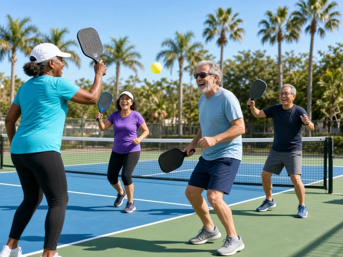 Four laughing older adults playing a doubles pickleball game on a sunny court