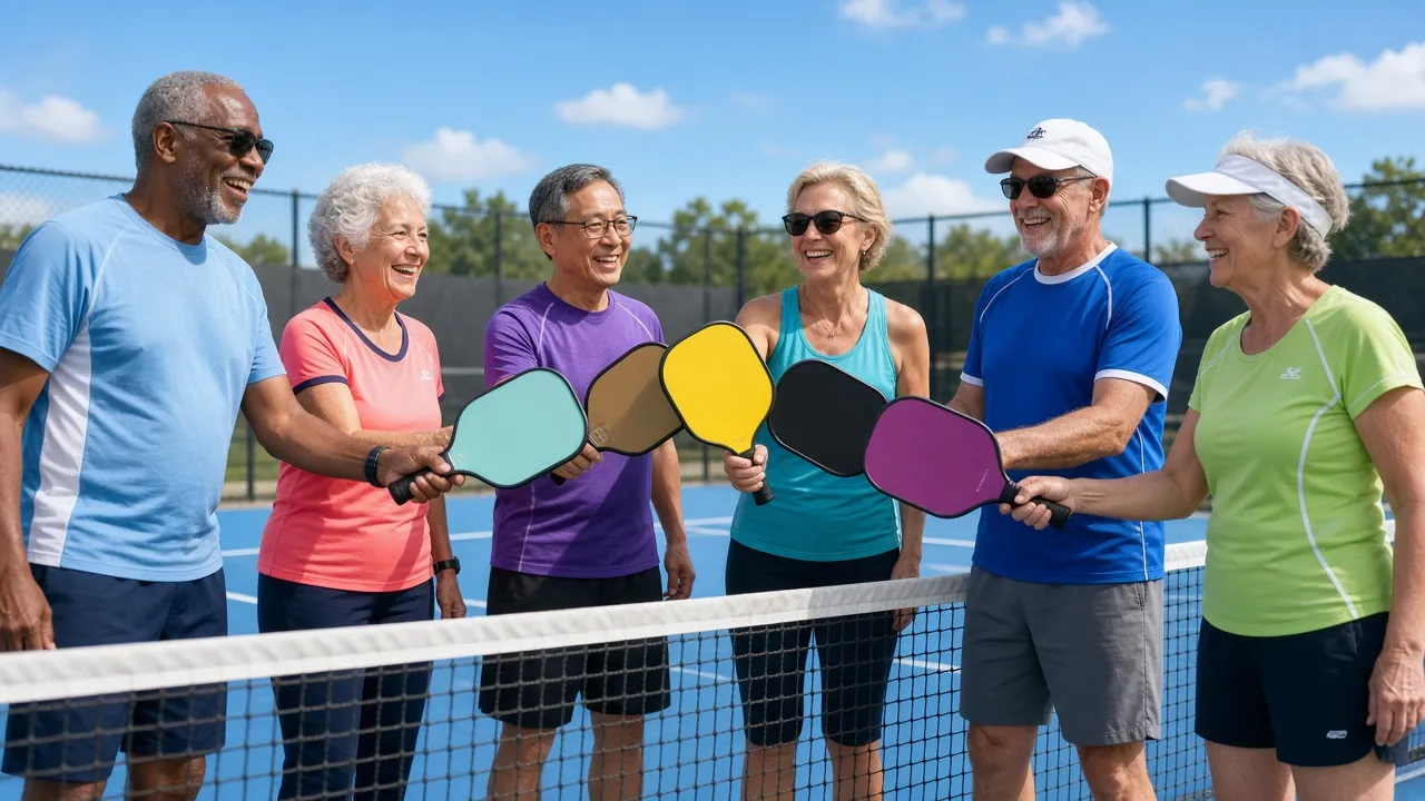 Six smiling older pickleball players tapping paddles together at the net after a game