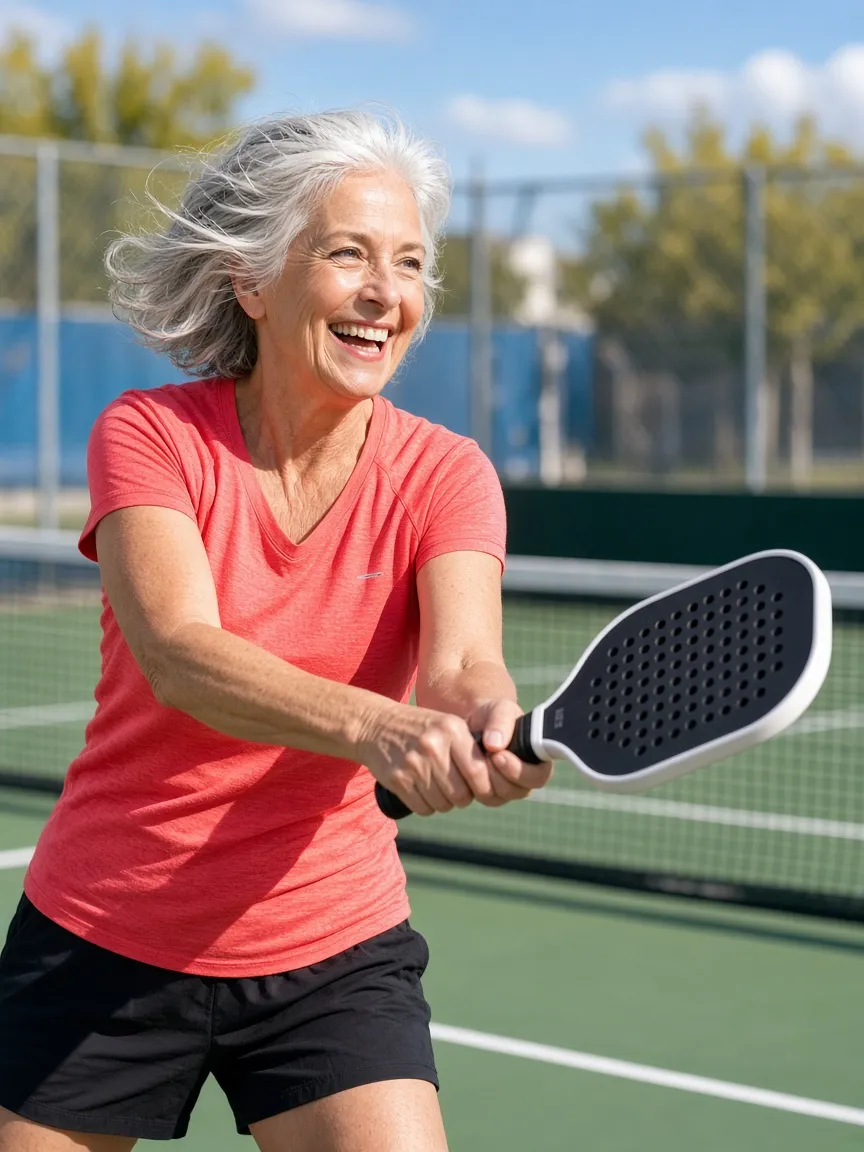 A smiling silver-haired woman hitting a pickleball forehand on an outdoor court
